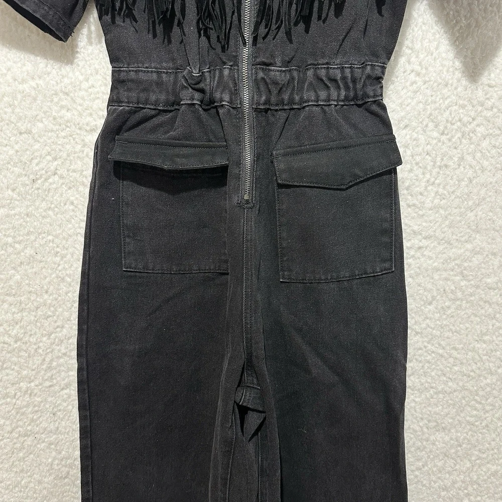 Nasty Gal Collection Black Denim Fringe Detailing Zip Up Front Jumpsuit Sz US 4 - Picture 9 of 16